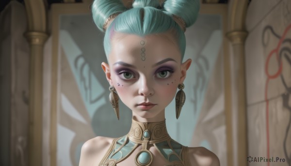 1girl,solo,looking at viewer,short hair,bangs,bare shoulders,jewelry,closed mouth,green eyes,blue hair,earrings,green hair,pointy ears,hair bun,blurry,double bun,aqua hair,makeup,blurry background,facial mark,portrait,eyeshadow,freckles,hair pulled back,mascara,lips,eyelashes,gem,realistic,nose