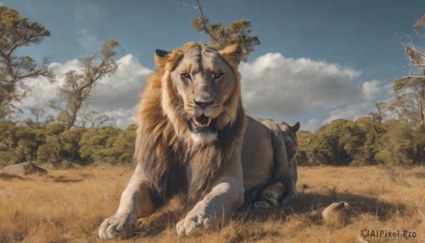 solo,open mouth,outdoors,sky,day,cloud,tree,blue sky,no humans,animal,fangs,grass,nature,scenery,claws,realistic,animal focus,tusks,lion,looking at viewer,signature,cloudy sky,rock,tiger