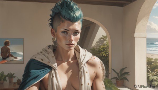 1girl,solo,breasts,looking at viewer,short hair,blue eyes,jewelry,medium breasts,sitting,blue hair,collarbone,upper body,earrings,outdoors,green hair,sky,day,cloud,indoors,water,cape,blue sky,lips,ocean,beach,plant,genderswap,breasts apart,genderswap (mtf),freckles,potted plant,reference inset,1boy,male focus,vest,aqua hair,scar,spiked hair,realistic,undercut,poster (object),mohawk