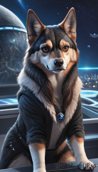 solo,looking at viewer,brown eyes,jewelry,jacket,sky,signature,necklace,black jacket,no humans,night,animal,gem,star (sky),night sky,pendant,starry sky,dog,realistic,space,animal focus,planet,watermark,reflection,shiba inu