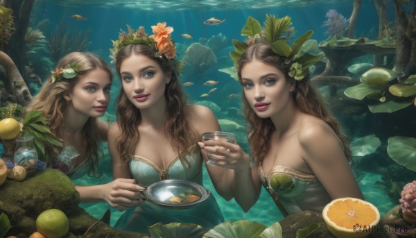 long hair,breasts,looking at viewer,smile,blue eyes,multiple girls,blonde hair,brown hair,hair ornament,dress,holding,cleavage,bare shoulders,jewelry,medium breasts,flower,parted lips,food,sleeveless,tongue,hair flower,3girls,water,tree,cup,lips,fingernails,eyelashes,strapless,makeup,fruit,blue dress,siblings,leaf,wavy hair,sunlight,plant,lipstick,nature,strapless dress,plate,fish,bowl,green dress,underwater,realistic,nose,head wreath,mushroom,egg,grapes,orange (fruit),orange flower,lemon,lily pad,nail polish,crown,monster girl,holding cup,forest,partially submerged,spoon,mermaid,aqua dress