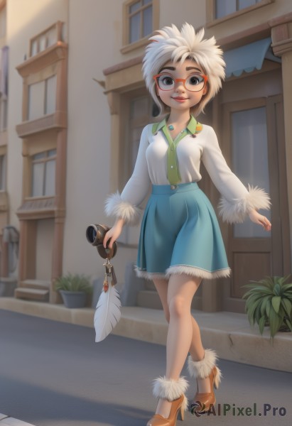 1girl,solo,breasts,looking at viewer,smile,short hair,skirt,shirt,long sleeves,holding,jewelry,standing,full body,white shirt,white hair,multicolored hair,outdoors,shoes,glasses,day,artist name,necklace,black eyes,high heels,lips,blue skirt,fur trim,window,feathers,plant,building,personification,walking,red-framed eyewear,potted plant,humanization,buttons,shadow,brown footwear,key,house