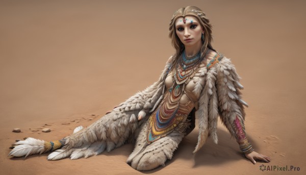 1girl,solo,long hair,breasts,looking at viewer,blue eyes,blonde hair,brown hair,hair ornament,jewelry,medium breasts,sitting,closed mouth,full body,earrings,parted lips,necklace,nail polish,armor,bracelet,lips,fingernails,makeup,arm support,feathers,brown background,circlet,yokozuwari,headdress,bracer,feather hair ornament,on ground,gem,realistic,forehead jewel,bodypaint,tribal