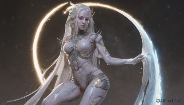 1girl,solo,long hair,breasts,looking at viewer,hair ornament,medium breasts,very long hair,white hair,parted lips,artist name,armor,lips,eyelashes,bodysuit,glowing,headgear,halo,veil,skin tight,light particles,science fiction,realistic,nose,android,cyborg,grey bodysuit,holding,closed mouth,yellow eyes,cowboy shot,moon,crescent,pale skin,joints,robot joints