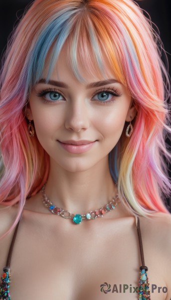 1girl,solo,long hair,breasts,looking at viewer,smile,bangs,blue eyes,blonde hair,cleavage,bare shoulders,jewelry,medium breasts,closed mouth,blue hair,collarbone,swimsuit,upper body,pink hair,bikini,multicolored hair,earrings,necklace,orange hair,two-tone hair,lips,eyelashes,makeup,gem,portrait,freckles,realistic,nose,mascara,large breasts,simple background,artist name,streaked hair,light smile,black background