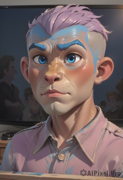 solo,looking at viewer,blush,short hair,blue eyes,shirt,1boy,closed mouth,blue hair,upper body,pink hair,male focus,multicolored hair,multiple boys,solo focus,shiny,collared shirt,artist name,indoors,lips,blurry background,thick eyebrows,portrait,freckles,pink shirt,realistic,nose,very short hair,undercut,television,monitor,1girl,bangs,blue shirt,mohawk