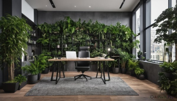 indoors,tree,no humans,window,chair,table,plant,building,scenery,potted plant,computer,monitor,laptop,rain,wooden floor,tiles,lamp,tile floor,shelf,ceiling,ceiling light,office