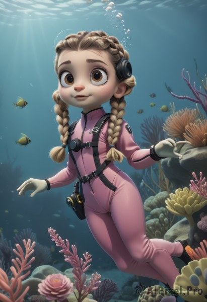 1girl,solo,long hair,smile,blonde hair,brown hair,gloves,twintails,brown eyes,braid,twin braids,bodysuit,freckles,fish,bubble,underwater,air bubble,swimming,pink bodysuit,freediving,coral,wetsuit,looking at viewer,flower,water,sunlight,thick eyebrows,light rays,rock