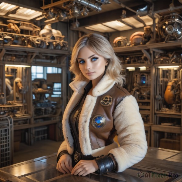 1girl,solo,long hair,breasts,looking at viewer,short hair,blue eyes,blonde hair,long sleeves,jewelry,closed mouth,jacket,upper body,white hair,multicolored hair,indoors,medium hair,vest,lips,coat,fur trim,eyelashes,window,makeup,table,zipper,reflection,science fiction,brown jacket,realistic,nose,shelf,brown vest,shop,steampunk,machine,medium breasts,sitting,belt,blurry,robot,fur collar,emblem,leather,badge,bomber jacket