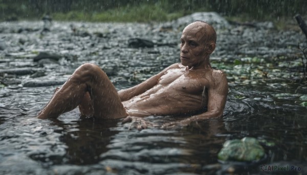 solo, 1boy, male focus, nude, outdoors, water, blurry, wet, facial hair, partially submerged, rain, rock, realistic, bald, old, old man