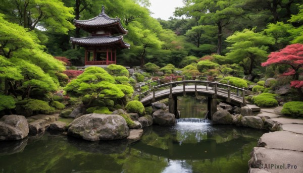 outdoors,day,water,tree,no humans,grass,building,nature,scenery,forest,rock,architecture,bridge,east asian architecture,river,stone,pond,stone lantern,stream,real world location,reflection,bush,moss