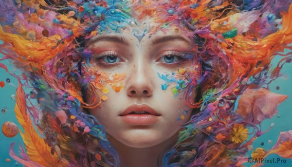 1girl, solo, looking at viewer, blue eyes, flower, multicolored hair, parted lips, lips, eyelashes, portrait, freckles, fish, nose, colorful, abstract