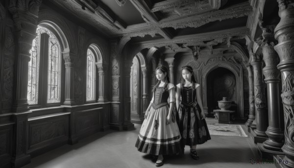 long hair,smile,short hair,bangs,multiple girls,gloves,long sleeves,hat,dress,2girls,jewelry,standing,monochrome,full body,braid,short sleeves,greyscale,boots,shoes,elbow gloves,puffy sleeves,indoors,necklace,puffy short sleeves,window,shadow,holding hands,siblings,scenery,walking,arms at sides,architecture,pillar,carpet,church,arch,column