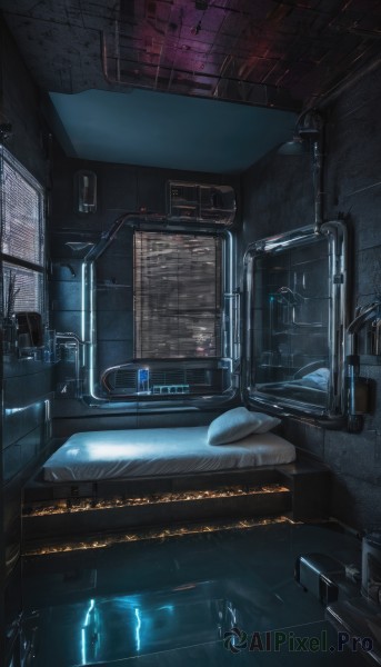 indoors,water,pillow,no humans,window,bed,night,scenery,reflection,science fiction,tiles,light,cable,realistic,monitor,spacecraft,screen