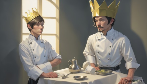 short hair,brown hair,black hair,hat,brown eyes,sitting,closed mouth,closed eyes,male focus,multiple boys,indoors,2boys,looking at another,black eyes,cup,window,buttons,shadow,facial hair,table,crown,sleeves rolled up,teacup,mustache,double-breasted,teapot,chef,long sleeves,upper body,day,siblings,plate,spoon,brothers