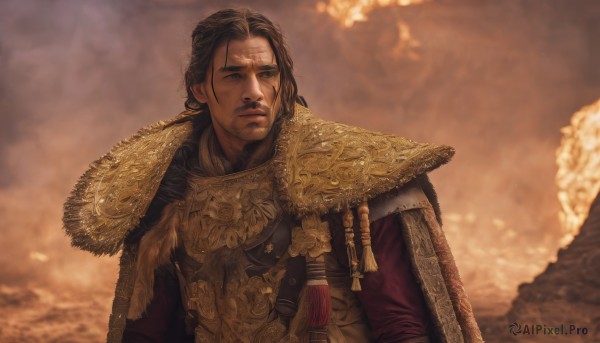 solo,long hair,brown hair,black hair,1boy,brown eyes,closed mouth,upper body,male focus,outdoors,sky,cloud,cape,armor,blurry,looking to the side,blurry background,facial hair,scar,looking away,shoulder armor,scar on face,headwear removed,chainmail,looking at viewer,lips,fur trim,beard,pauldrons,realistic,scar across eye