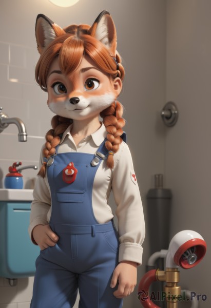 1girl,solo,long hair,looking at viewer,blush,smile,bangs,brown hair,shirt,long sleeves,animal ears,twintails,brown eyes,closed mouth,standing,tail,white shirt,braid,cowboy shot,collared shirt,indoors,twin braids,flat chest,furry,freckles,pocket,furry female,tiles,overalls,body fur,bathroom,animal nose,snout,blue overalls,animal ear fluff,hand on hip,fox ears,thick eyebrows,extra ears,brown fur,sink,faucet