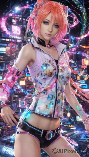 1girl,solo,long hair,breasts,looking at viewer,short hair,blue eyes,navel,jewelry,pink hair,cowboy shot,detached sleeves,shorts,sleeveless,choker,midriff,belt,artist name,signature,necklace,hair bun,nail polish,orange hair,bracelet,lips,see-through,short shorts,double bun,black shorts,zipper,science fiction,city,realistic,cyborg,hair ornament,headgear