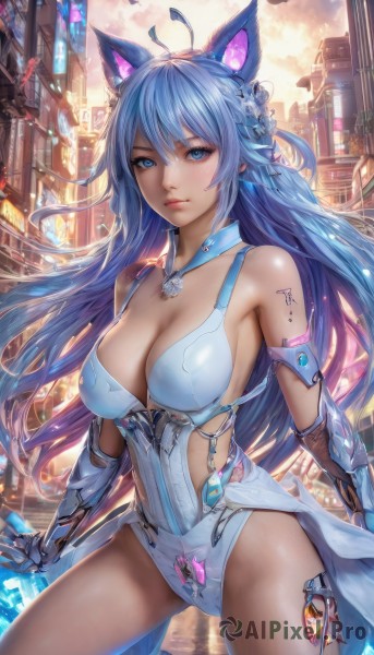 1girl,solo,long hair,breasts,looking at viewer,bangs,blue eyes,large breasts,hair ornament,gloves,animal ears,cleavage,bare shoulders,jewelry,closed mouth,blue hair,weapon,flower,ahoge,outdoors,sword,cat ears,hair flower,holding weapon,leotard,lips,tattoo,detached collar,gauntlets,building,city,white leotard,hair between eyes,medium breasts,standing,thighs,cowboy shot,sky,cloud,armor,fake animal ears,watermark,science fiction,realistic,cityscape,mechanical ears