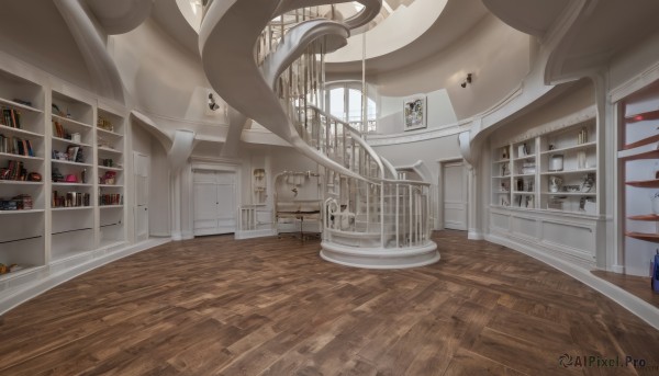 indoors,book,no humans,window,chair,table,sunlight,bottle,scenery,wooden floor,stairs,door,clock,bookshelf,lamp,shelf,shop,cage,ceiling,ceiling light,birdcage,reflective floor,railing,painting (object),carpet,rug