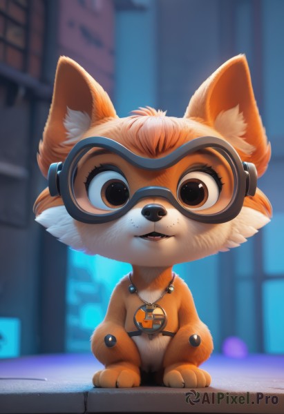 1girl,solo,looking at viewer,smile,short hair,open mouth,bangs,animal ears,brown eyes,jewelry,sitting,full body,parted lips,teeth,artist name,indoors,necklace,orange hair,blurry,flat chest,fox ears,window,:3,blurry background,fangs,watermark,happy,goggles,fox girl,child,web address,furry,freckles,goggles on head,animal hands,furry female,female child,body fur,white fur,straight-on,animal nose,snout,brown fur,two-tone fur,buck teeth,orange fur,signature,no humans