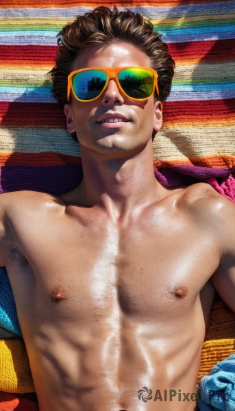 solo,looking at viewer,smile,brown hair,black hair,1boy,navel,nipples,collarbone,upper body,male focus,lying,parted lips,teeth,shiny,grin,lips,abs,sunglasses,pectorals,toned,topless male,realistic,tinted eyewear,short hair,dark skin,on back,muscular,facial hair,clothes removed