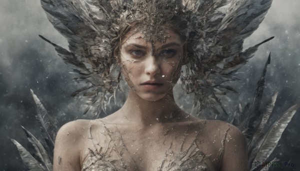 1girl,solo,breasts,looking at viewer,short hair,blue eyes,brown hair,hair ornament,cleavage,bare shoulders,closed mouth,collarbone,upper body,artist name,grey background,lips,grey eyes,eyelashes,feathers,portrait,realistic,wings,expressionless,head wings,feathered wings,straight-on,grey theme