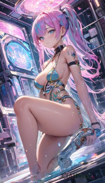 1girl,solo,long hair,breasts,looking at viewer,blush,bangs,blue eyes,large breasts,cleavage,bare shoulders,jewelry,medium breasts,sitting,closed mouth,blue hair,ponytail,pink hair,ass,ahoge,sidelocks,thighs,multicolored hair,earrings,barefoot,shiny,water,high heels,two-tone hair,leotard,streaked hair,legs,shiny skin,bare legs,tattoo,halo,revealing clothes,armlet,blue leotard,holding,twintails,very long hair,swimsuit,weapon,choker,indoors,holding weapon,collar,bracelet,from side,wet,gun,one-piece swimsuit,dutch angle,skindentation,hair intakes,holding gun,handgun,blue one-piece swimsuit,hoop earrings,prosthesis,barcode,skates,cyberpunk