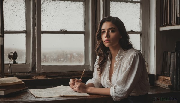 1girl,solo,long hair,breasts,looking at viewer,brown hair,shirt,black hair,holding,cleavage,brown eyes,sitting,closed mouth,white shirt,upper body,indoors,black eyes,lips,looking to the side,book,window,wavy hair,chair,table,blouse,desk,rain,paper,realistic,nose,pen,lamp,pencil,holding pen,writing,quill,jewelry,earrings,dark skin,mole,dark-skinned female,makeup,lipstick