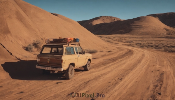 outdoors,sky,day,tree,blue sky,no humans,shadow,ground vehicle,scenery,motor vehicle,mountain,sand,car,road,vehicle focus,desert,truck,solo,1boy,driving,dust,sports car