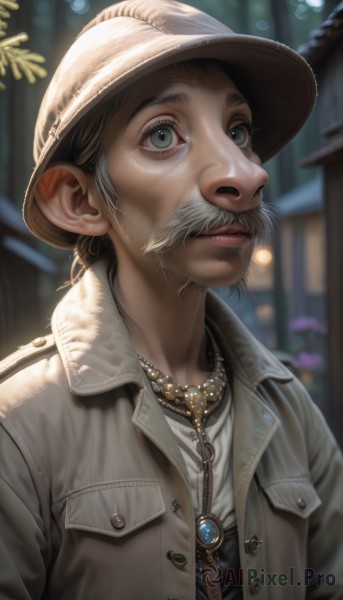 solo,looking at viewer,blue eyes,shirt,1boy,hat,jewelry,closed mouth,jacket,white shirt,upper body,white hair,grey hair,male focus,outdoors,necklace,blurry,lips,grey eyes,buttons,depth of field,blurry background,facial hair,beard,realistic,nose,mustache,brown headwear,old,old man,brown hair,green eyes,open clothes,gem,brown jacket,leather