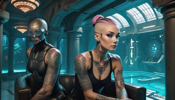 breasts,short hair,blue eyes,multiple girls,2girls,cleavage,bare shoulders,jewelry,medium breasts,sitting,pink hair,earrings,sleeveless,dark skin,hair bun,dark-skinned female,lips,tattoo,makeup,piercing,single hair bun,tank top,lipstick,goggles,science fiction,arm tattoo,cyborg,cyberpunk,lip piercing,looking at viewer,ear piercing,eyeshadow,nose,bald,very short hair,undercut,facial tattoo,hair pulled back,very dark skin,mohawk,neck tattoo,dreadlocks,earpiece,nose piercing,eyebrow piercing,artificial eye,mechanical eye,hologram