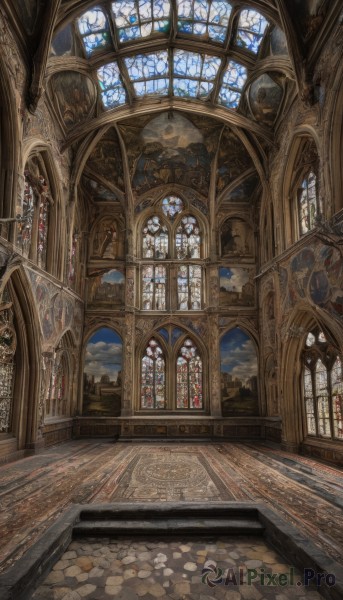 sky,day,cloud,indoors,blue sky,no humans,window,sunlight,cloudy sky,scenery,wooden floor,stairs,architecture,pillar,statue,stained glass,carpet,church,arch,column,candle,tile floor,floor,ceiling,chandelier,stone floor,vanishing point