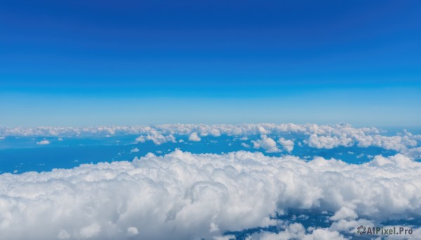 monochrome,outdoors,sky,day,cloud,blue sky,no humans,cloudy sky,scenery,blue theme,city,horizon,cityscape,landscape,above clouds,water,ocean