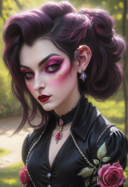 1girl,solo,long hair,breasts,looking at viewer,blush,hair ornament,cleavage,brown eyes,jewelry,closed mouth,collarbone,jacket,upper body,purple hair,flower,earrings,small breasts,outdoors,choker,day,artist name,signature,necklace,blurry,lips,black jacket,black shirt,eyelashes,makeup,depth of field,blurry background,rose,black choker,piercing,thick eyebrows,lipstick,gem,ear piercing,pale skin,pink flower,eyeshadow,nose,red lips,eyeliner,facepaint,pink rose,mascara,short hair,shirt,green eyes,parted lips,grey eyes,facial mark,realistic