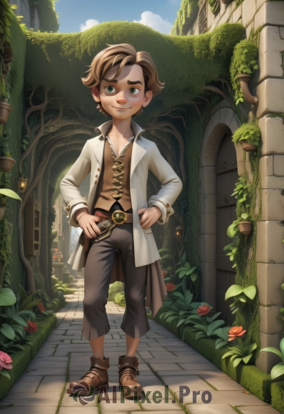 solo,looking at viewer,smile,short hair,blue eyes,brown hair,shirt,long sleeves,1boy,green eyes,standing,full body,flower,male focus,boots,outdoors,open clothes,sky,shoes,day,belt,pants,cloud,blue sky,coat,brown footwear,plant,child,freckles,hands on hips,door,male child,vines,jacket,weapon,artist name,tree,gun,building,handgun