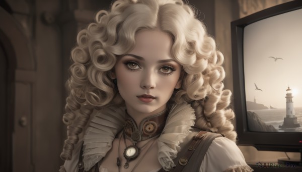 1girl,solo,long hair,looking at viewer,blonde hair,brown eyes,jewelry,closed mouth,upper body,choker,water,necklace,collar,lips,eyelashes,bird,ocean,drill hair,portrait,pendant,curly hair,realistic,nose,clock,watercraft,ship,ringlets,tower,steampunk,yellow eyes,artist name,makeup,backlighting