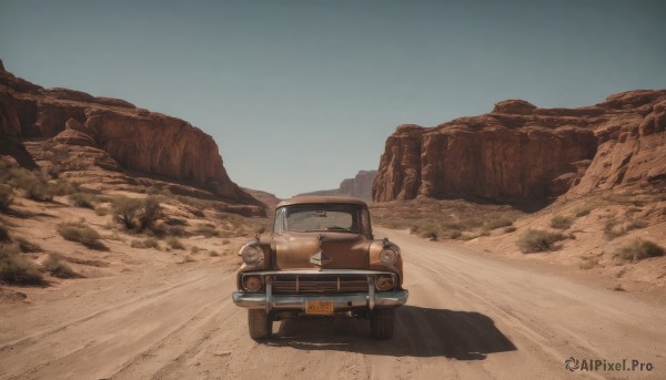 outdoors,sky,day,blue sky,no humans,shadow,ground vehicle,scenery,motor vehicle,sand,car,road,vehicle focus,desert,truck,rock,driving,dust,sports car