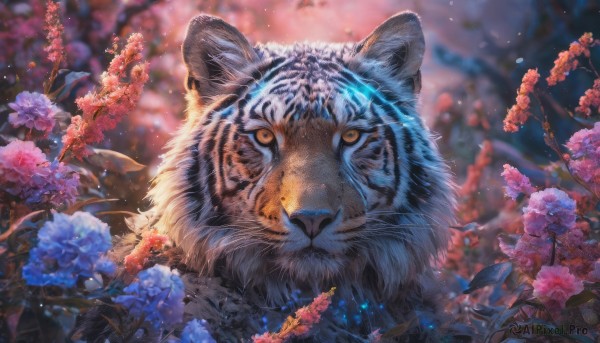 looking at viewer, flower, blurry, no humans, depth of field, blurry background, glowing, animal, realistic, branch, animal focus, tiger, year of the tiger