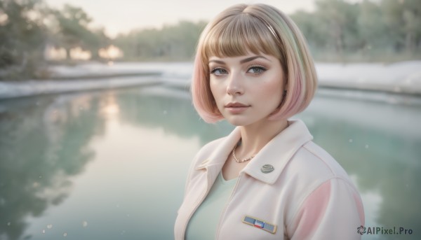 1girl,solo,looking at viewer,smile,short hair,bangs,blonde hair,brown hair,shirt,brown eyes,jewelry,closed mouth,jacket,upper body,pink hair,multicolored hair,earrings,outdoors,open clothes,day,artist name,necklace,blurry,two-tone hair,open jacket,tree,lips,grey eyes,depth of field,blurry background,bob cut,white jacket,freckles,realistic,nose,green shirt,blue eyes,blunt bangs,eyelashes,makeup,blue shirt,light smile