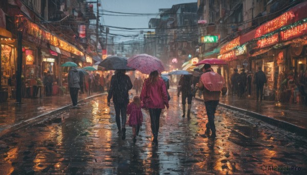 long hair, multiple girls, holding, outdoors, multiple boys, bag, dutch angle, night, umbrella, backpack, scenery, walking, rain, holding umbrella, city, sign, road, power lines, street, traffic light, neon lights, pavement, crosswalk, vanishing point