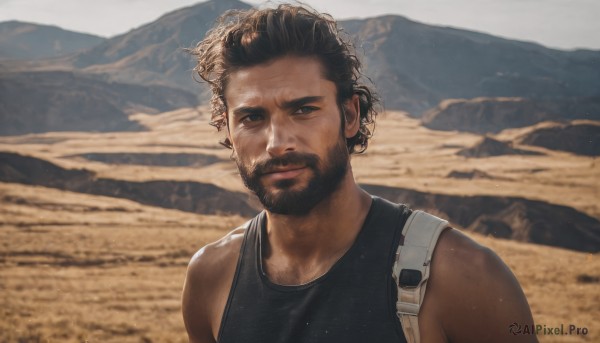 solo,looking at viewer,short hair,brown hair,shirt,black hair,1boy,bare shoulders,closed mouth,upper body,male focus,outdoors,sleeveless,day,dark skin,blurry,black eyes,blurry background,facial hair,dark-skinned male,tank top,beard,mountain,realistic,black tank top,desert,smile,backpack,mustache,sand