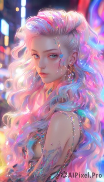 1girl,solo,long hair,breasts,looking at viewer,blue eyes,blonde hair,dress,bare shoulders,jewelry,closed mouth,blue hair,upper body,pink hair,multicolored hair,earrings,small breasts,blurry,from side,two-tone hair,lips,grey eyes,makeup,blurry background,wavy hair,gem,crystal,white hair,artist name,necklace,eyelashes,gradient hair,depth of field,watermark,freckles,backless outfit,nose