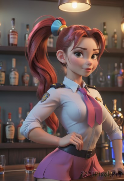 1girl,solo,long hair,breasts,looking at viewer,blush,smile,skirt,brown hair,shirt,hair ornament,long sleeves,brown eyes,jewelry,medium breasts,closed mouth,school uniform,white shirt,ponytail,red hair,cowboy shot,pleated skirt,earrings,necktie,collared shirt,belt,artist name,indoors,miniskirt,blurry,uniform,covered nipples,cup,lips,blurry background,bottle,high ponytail,wing collar,red necktie,buckle,alcohol,sleeves rolled up,drinking glass,pink skirt,freckles,black belt,belt buckle,nose,stud earrings,badge,pink necktie,bar (place),counter,u.a. school uniform,green eyes,hand on hip,table,aged down