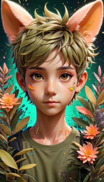 solo,looking at viewer,short hair,bangs,blonde hair,shirt,1boy,animal ears,brown eyes,closed mouth,collarbone,jacket,upper body,flower,male focus,artist name,lips,fox ears,eyelashes,leaf,plant,portrait,extra ears,pink flower,freckles,green background,nose,green shirt,paint splatter,brown hair,star (symbol),facial mark,messy hair,facepaint