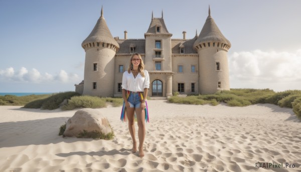 1girl,solo,long hair,smile,brown hair,shirt,jewelry,standing,white shirt,short sleeves,outdoors,sky,shorts,barefoot,day,midriff,cloud,dark skin,bracelet,dark-skinned female,blue sky,crop top,short shorts,bare legs,shadow,grass,denim,building,scenery,walking,blue shorts,denim shorts,road,looking at viewer,black hair,brown eyes,closed mouth,glasses,necklace,sandals,rock,sand,wide shot,path