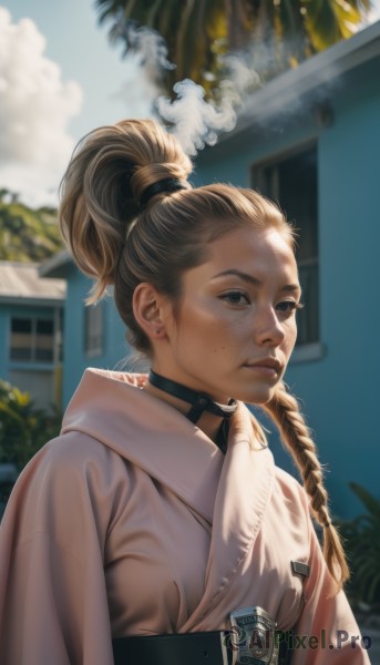 1girl,solo,long hair,looking at viewer,blonde hair,brown hair,shirt,jewelry,upper body,ponytail,braid,earrings,outdoors,parted lips,sky,choker,day,belt,artist name,cloud,mole,blurry,black eyes,tree,blue sky,lips,single braid,blurry background,black choker,piercing,high ponytail,smoke,freckles,realistic,nose,coat,sash,sunlight,building,hair pulled back