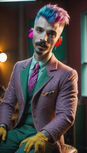 solo,looking at viewer,smile,short hair,shirt,gloves,long sleeves,1boy,brown eyes,jewelry,sitting,blue hair,jacket,pink hair,male focus,multicolored hair,earrings,open clothes,necktie,collared shirt,pants,indoors,blurry,black eyes,vest,two-tone hair,open jacket,lips,buttons,depth of field,blurry background,facial hair,chair,formal,suit,beard,realistic,nose,mustache,green pants,pink necktie,purple necktie,yellow gloves,blue eyes,black hair,parted lips,artist name,purple shirt,purple jacket,mohawk,purple pants,clown,split theme