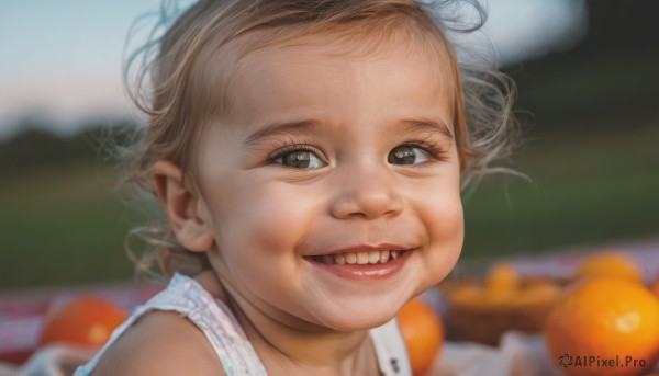 1girl,solo,looking at viewer,smile,short hair,open mouth,brown hair,brown eyes,outdoors,food,teeth,sleeveless,grin,blurry,lips,fruit,depth of field,blurry background,child,portrait,forehead,realistic,female child,mandarin orange