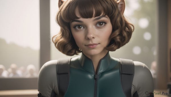 1girl,solo,looking at viewer,smile,short hair,bangs,brown hair,animal ears,brown eyes,closed mouth,upper body,pointy ears,artist name,indoors,cat ears,blurry,lips,window,bodysuit,depth of field,blurry background,zipper,freckles,realistic,nose,signature,eyelashes,makeup,bob cut,light smile,portrait,backlighting